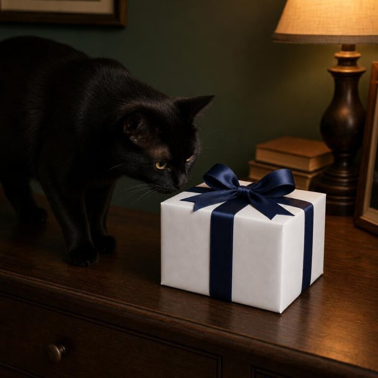 Wrapped Gift Box Mockup with Ribbon - Black Cat Birthday Scene
