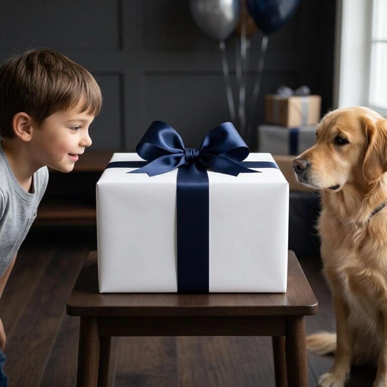 Birthday Gift Box Mockup with Kid and Dog Scene