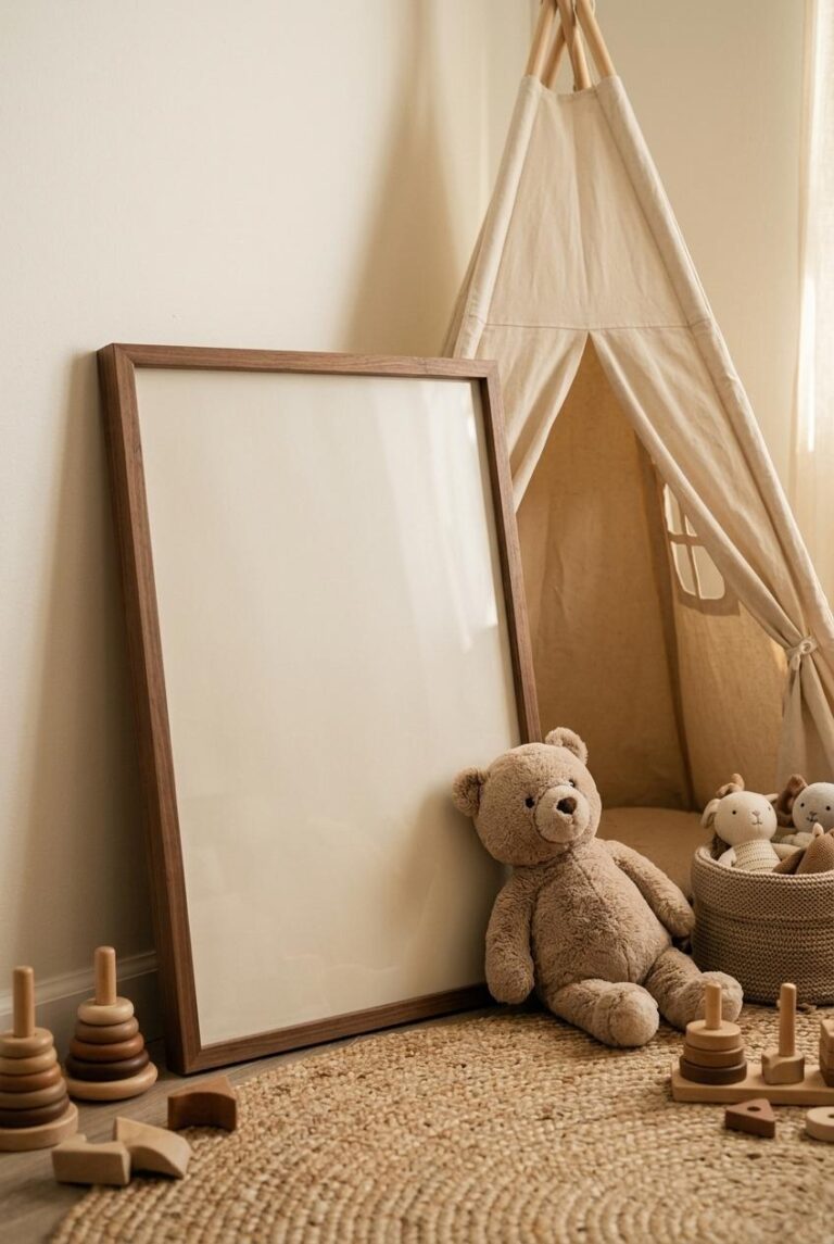 Free Nursery Frame Mockup in a Boho Kids Room Setting