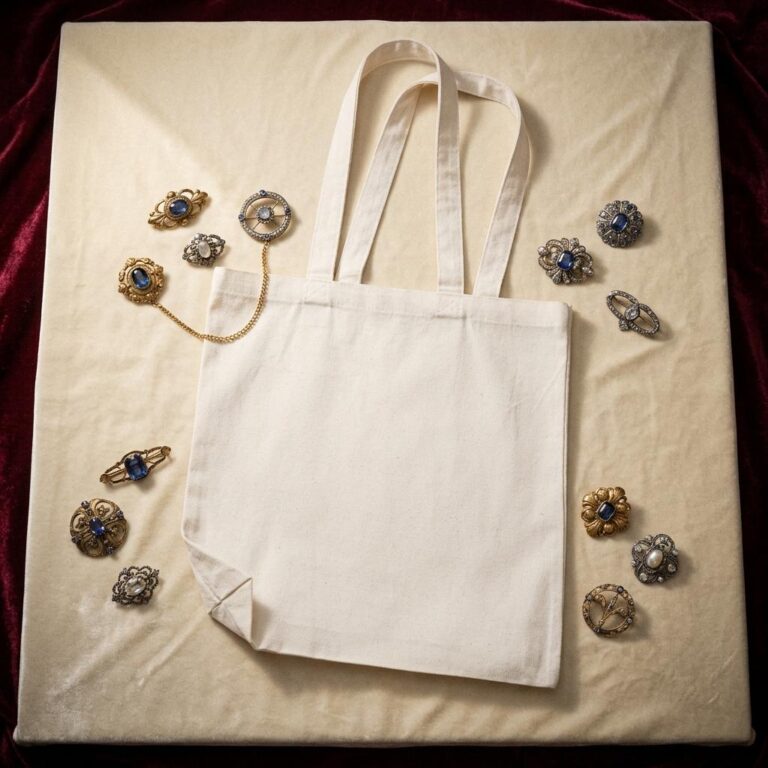Flat Lay Canvas Tote Bag Mockup with Vintage Brooch Styling