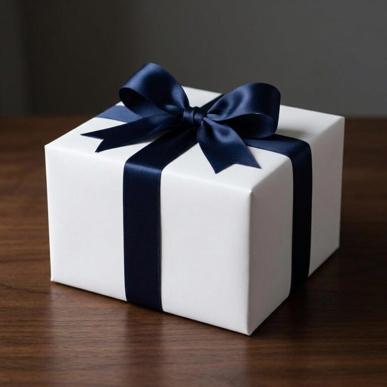 White Gift Box Mockup with a Navy Satin Bow
