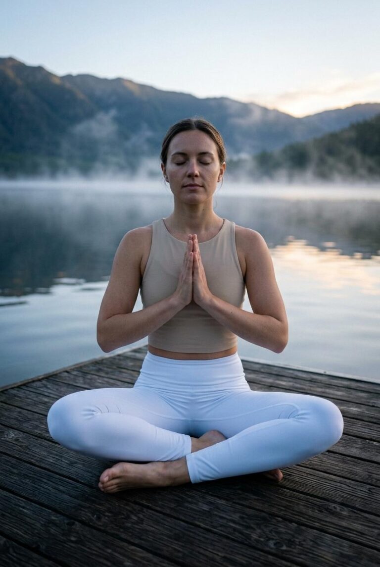 White Leggings Mockup Shot at Dawn on a Mountain Lake