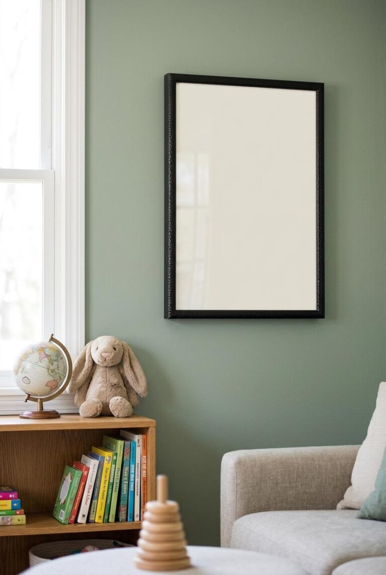Nursery wall art mockup showing a blank black-framed vertical print on a sage-green wall above an oak bookshelf with colorful children's books, a small globe, and a stuffed bunny in warm morning light.