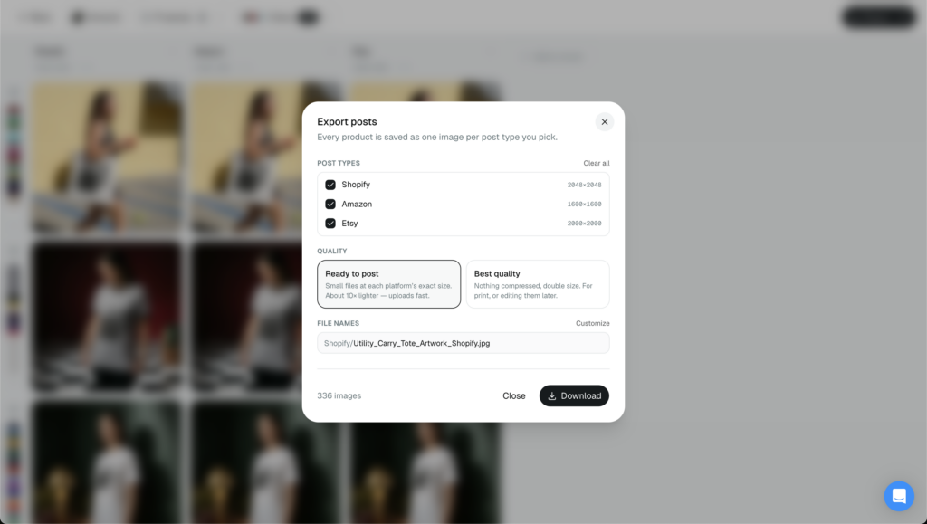 Use layouts and bulk export for Shopify, Amazon & Etsy formats