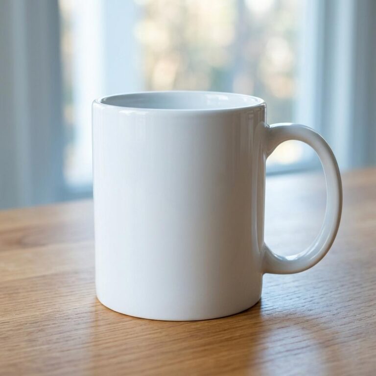 Free White Ceramic Mug Mockup with Natural Window Light