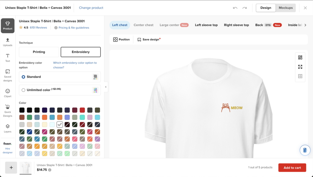 Designing Bella Canvas 3001 T-shirt Embroidery in Printful