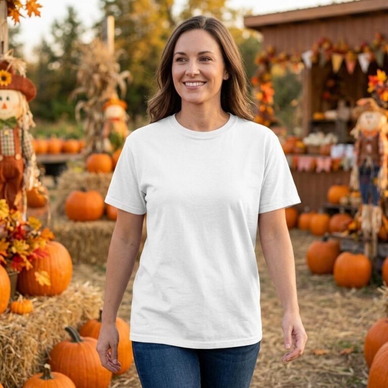 Pumpkin Patch T-Shirt Mockup with Autumn Market Lifestyle Scene